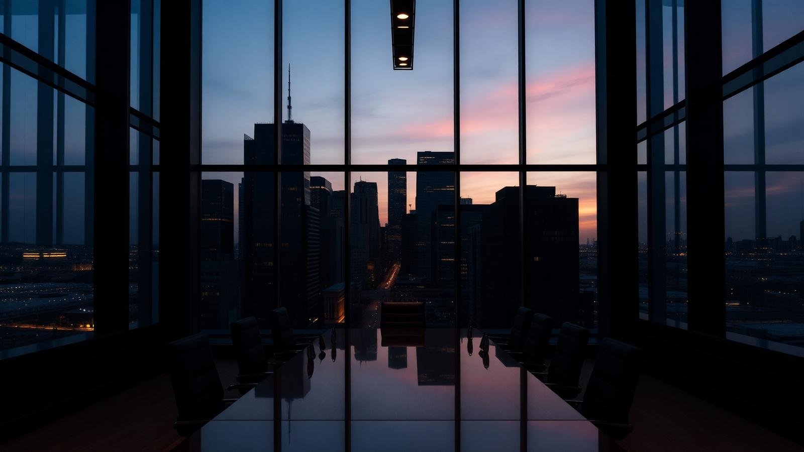 Sala de reuniões corporativa ao entardecer com vista para a cidade